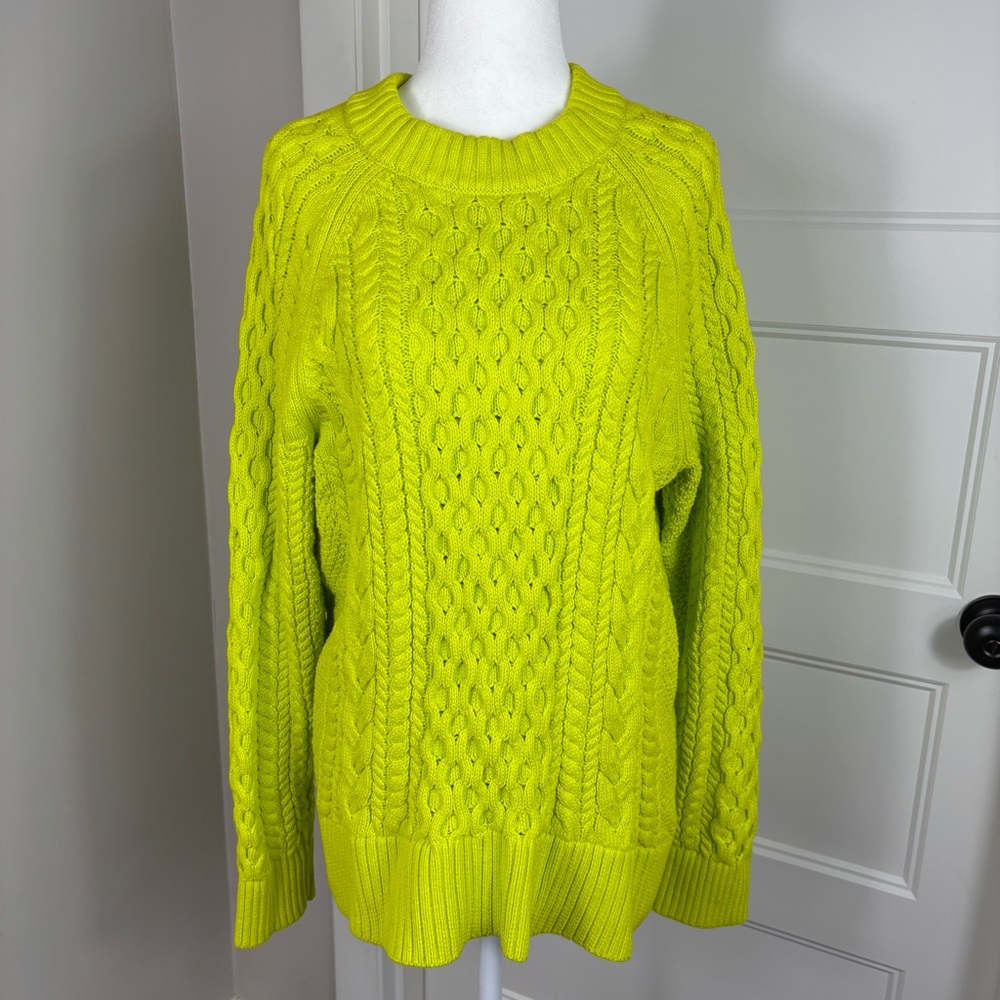 JCrew Chartreuse‎ Cable Knit Crewneck Sweater Size M